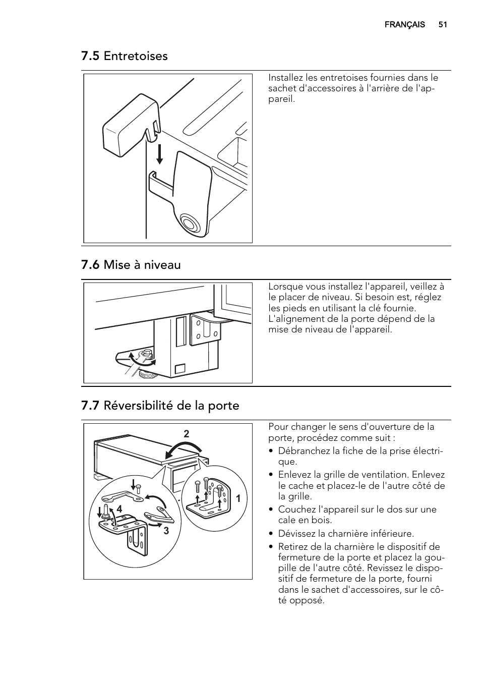 5 entretoises, 6 mise à niveau, 7 réversibilité de la porte | AEG A92700GNW0 User Manual | Page 51 / 76