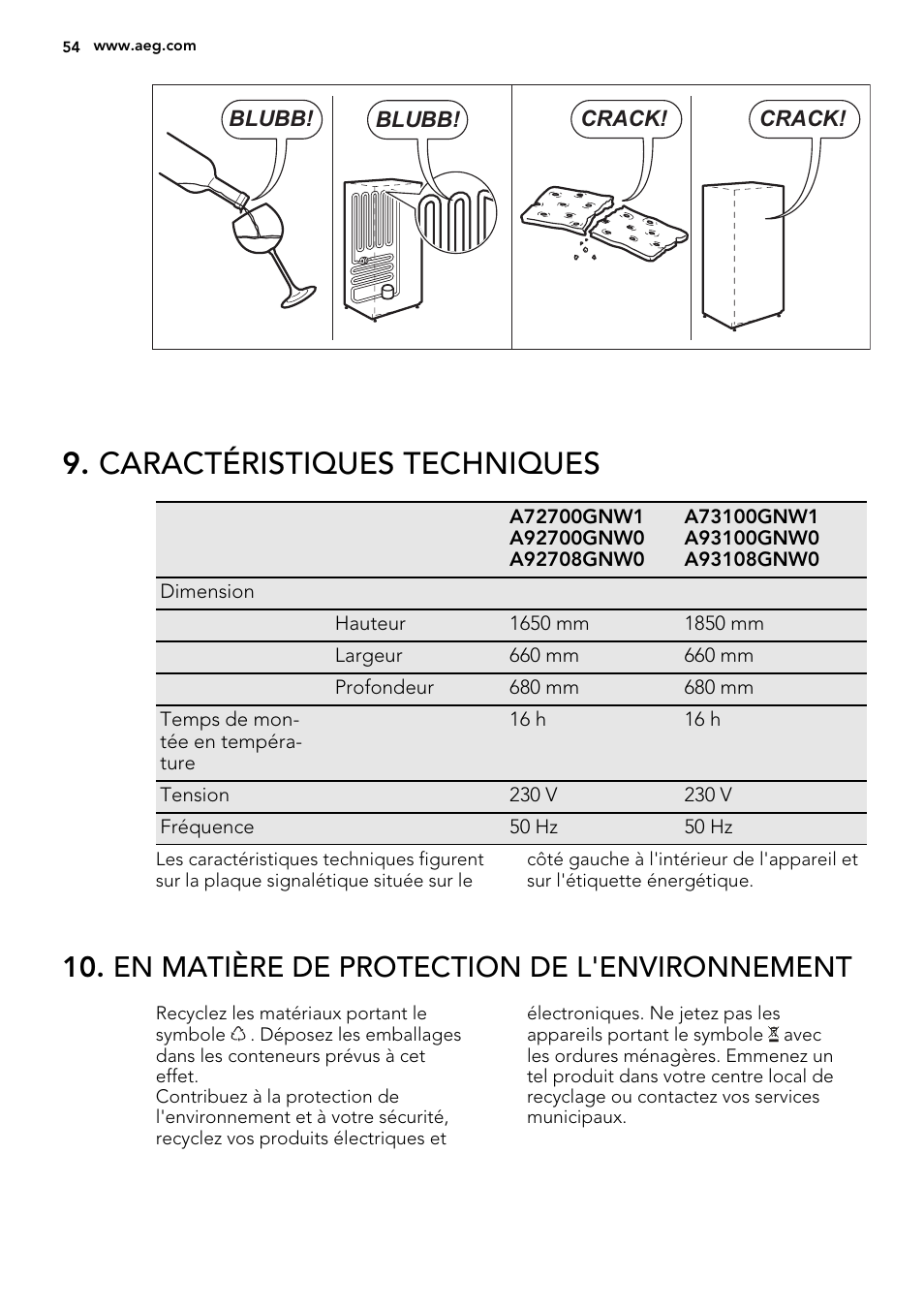 Caractéristiques techniques, En matière de protection de l'environnement | AEG A92700GNW0 User Manual | Page 54 / 76