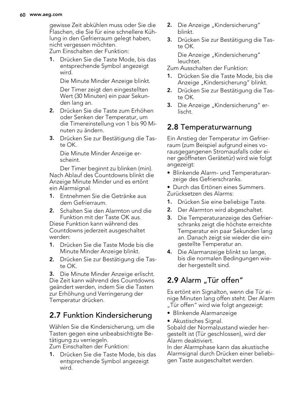 7 funktion kindersicherung, 8 temperaturwarnung, 9 alarm „tür offen | AEG A92700GNW0 User Manual | Page 60 / 76