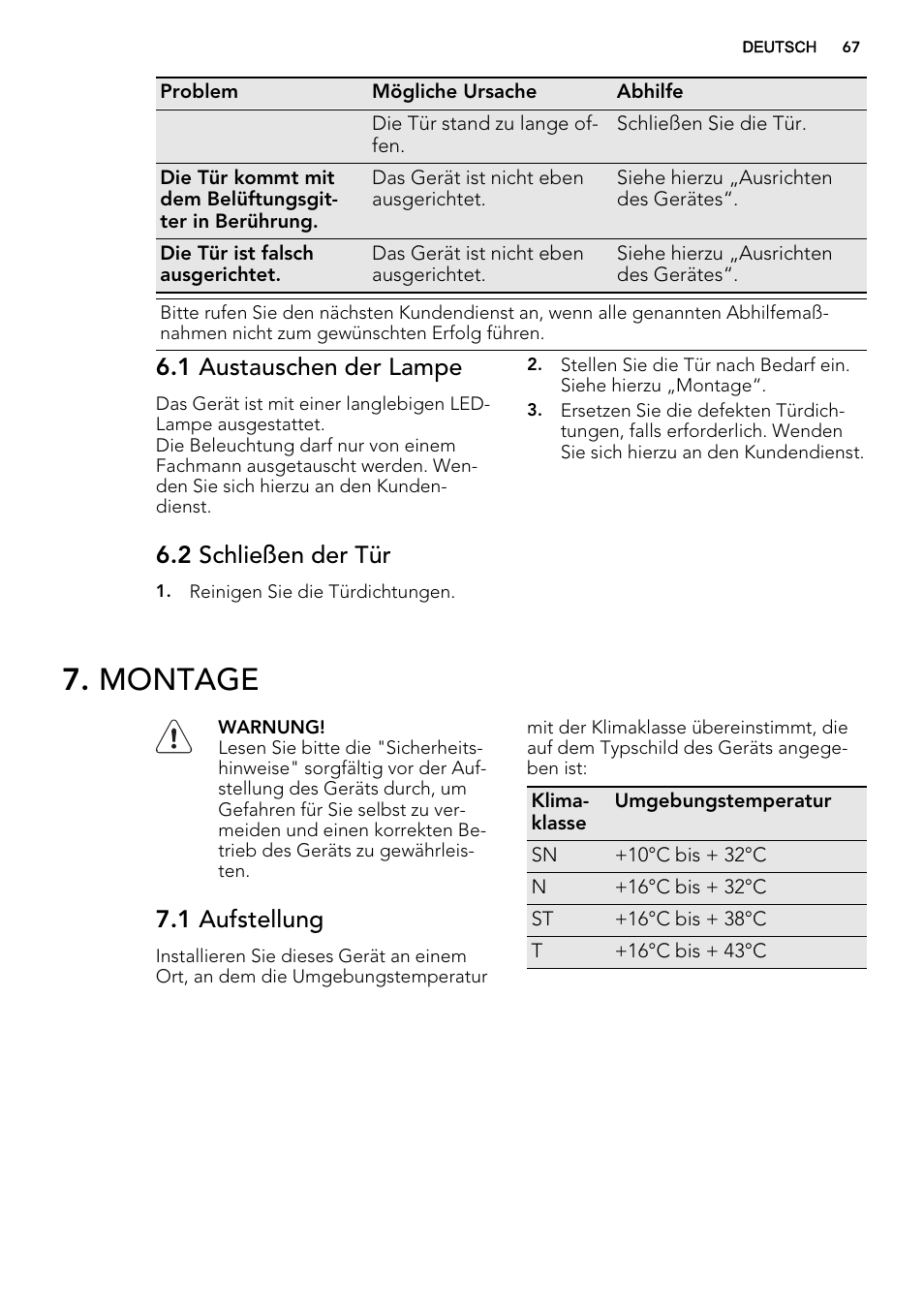 Montage, 1 austauschen der lampe, 2 schließen der tür | 1 aufstellung | AEG A92700GNW0 User Manual | Page 67 / 76