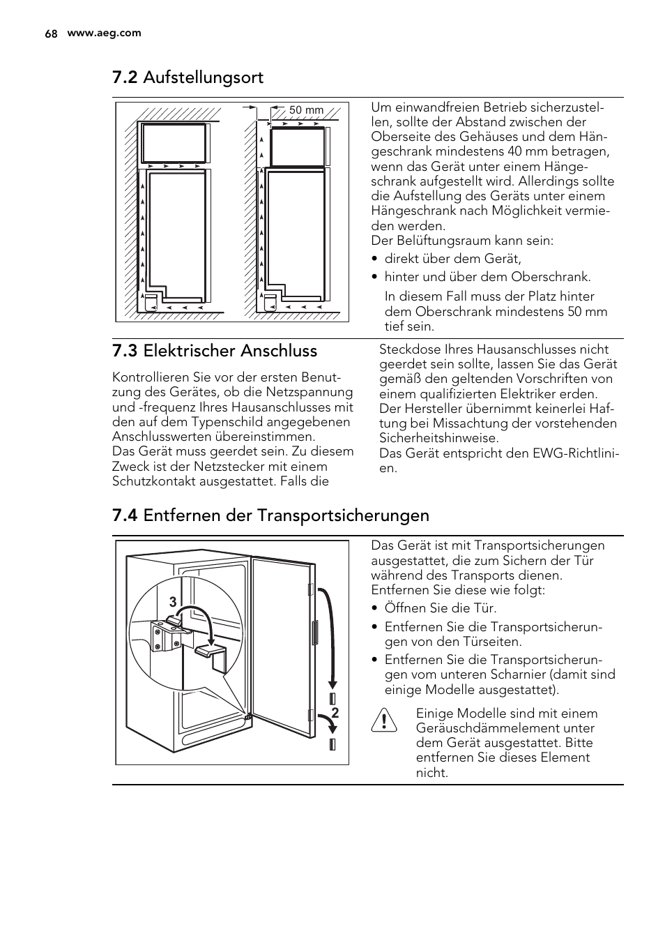 2 aufstellungsort, 3 elektrischer anschluss, 4 entfernen der transportsicherungen | AEG A92700GNW0 User Manual | Page 68 / 76