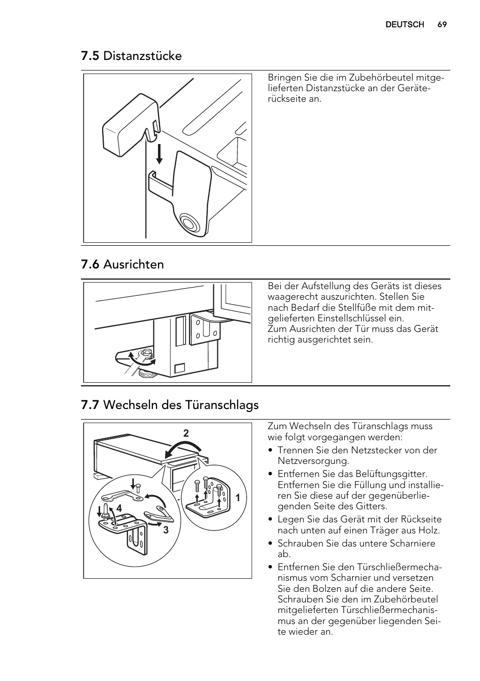 5 distanzstücke, 6 ausrichten, 7 wechseln des türanschlags | AEG A92700GNW0 User Manual | Page 69 / 76