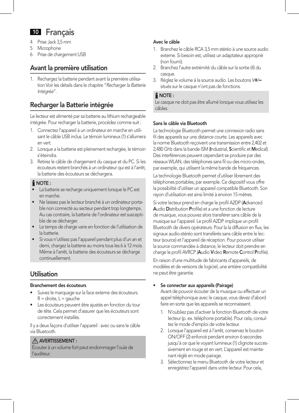 Français, Avant la première utilisation, Recharger la batterie intégrée | Utilisation | AEG KH 4223 BT User Manual | Page 10 / 26