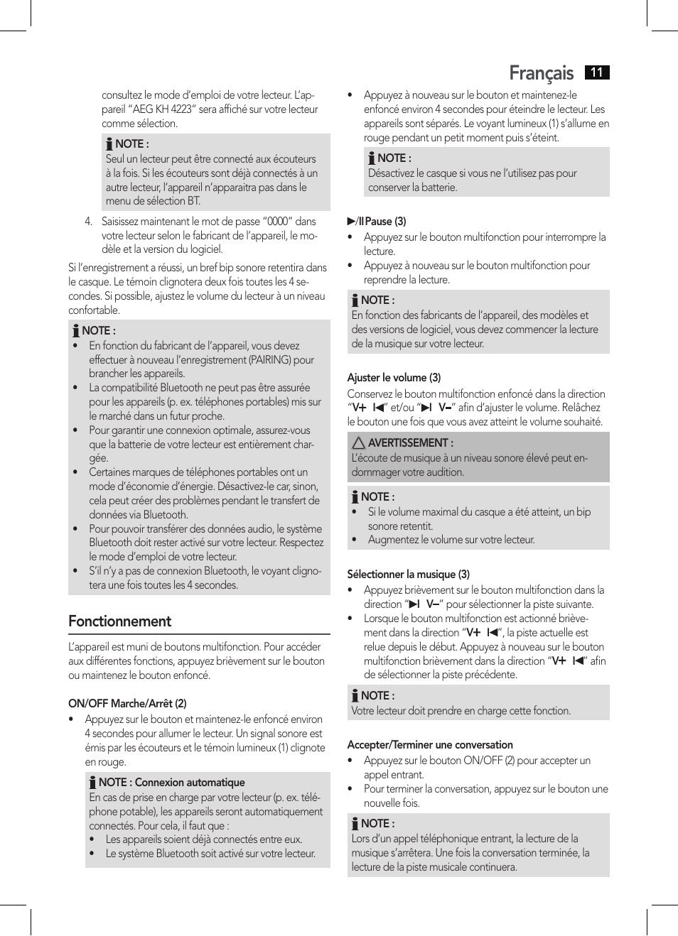 Français, Fonctionnement | AEG KH 4223 BT User Manual | Page 11 / 26