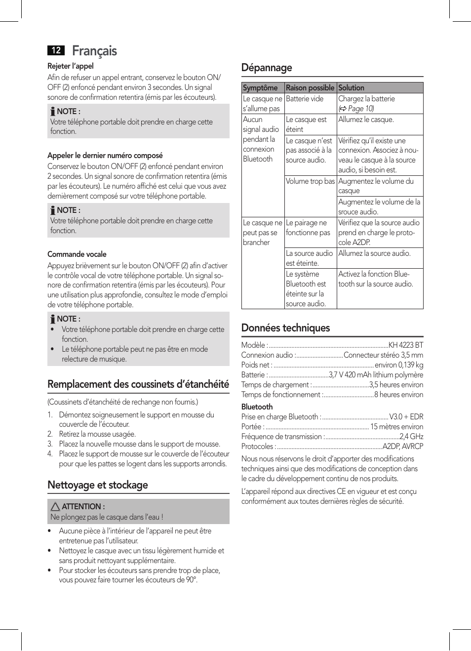 Français, Remplacement des coussinets d’étanchéité, Nettoyage et stockage | Dépannage, Données techniques | AEG KH 4223 BT User Manual | Page 12 / 26