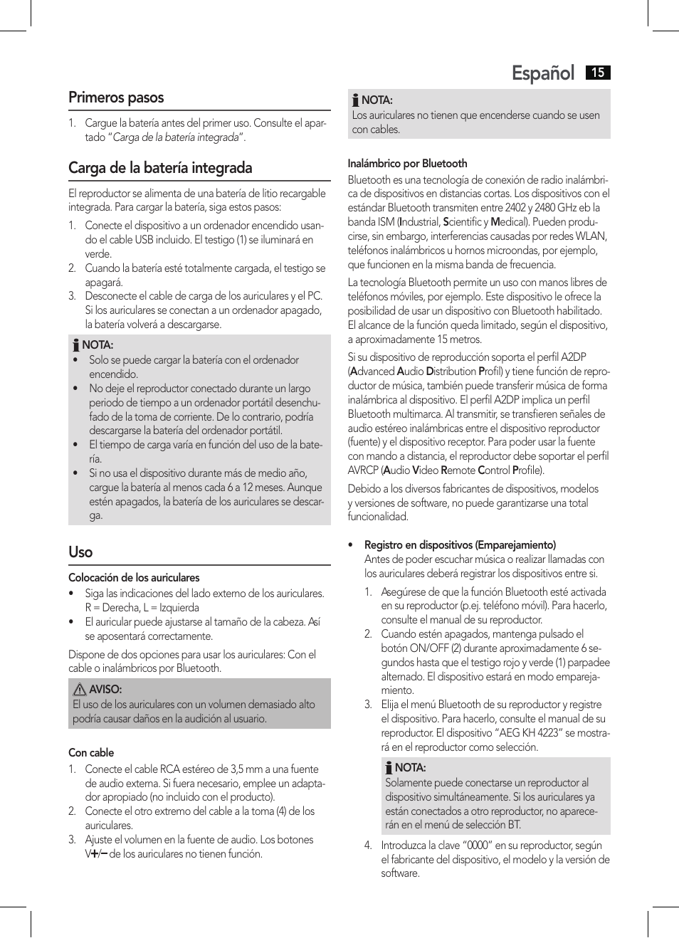 Español, Primeros pasos, Carga de la batería integrada | AEG KH 4223 BT User Manual | Page 15 / 26