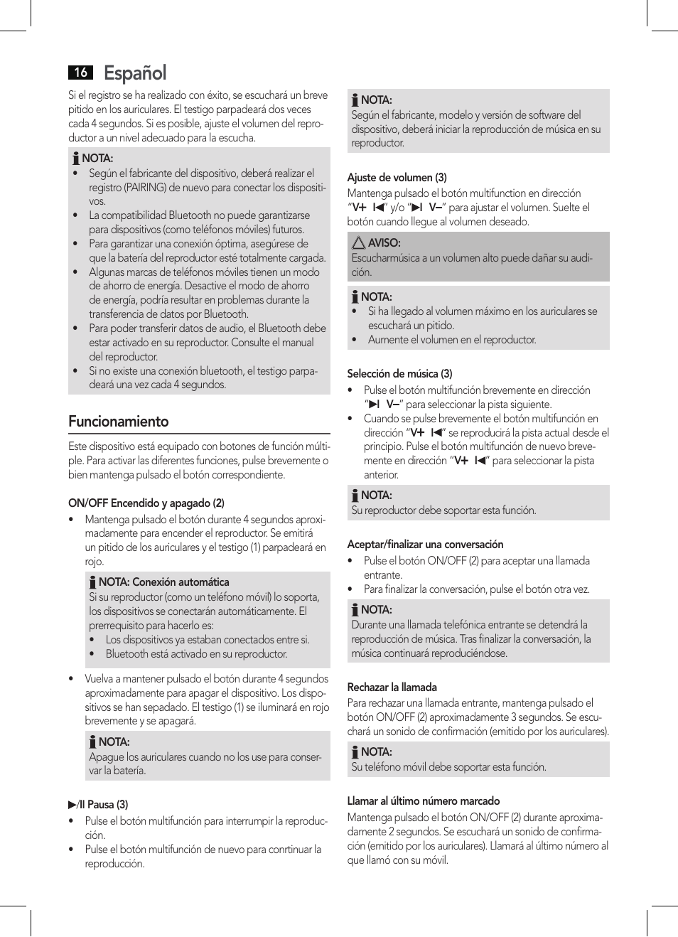 Español, Funcionamiento | AEG KH 4223 BT User Manual | Page 16 / 26