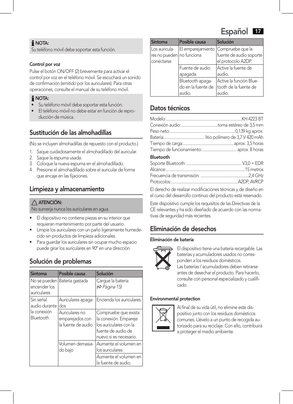 Español, Sustitución de las almohadillas, Limpieza y almacenamiento | Solución de problemas, Datos técnicos, Eliminación de desechos | AEG KH 4223 BT User Manual | Page 17 / 26