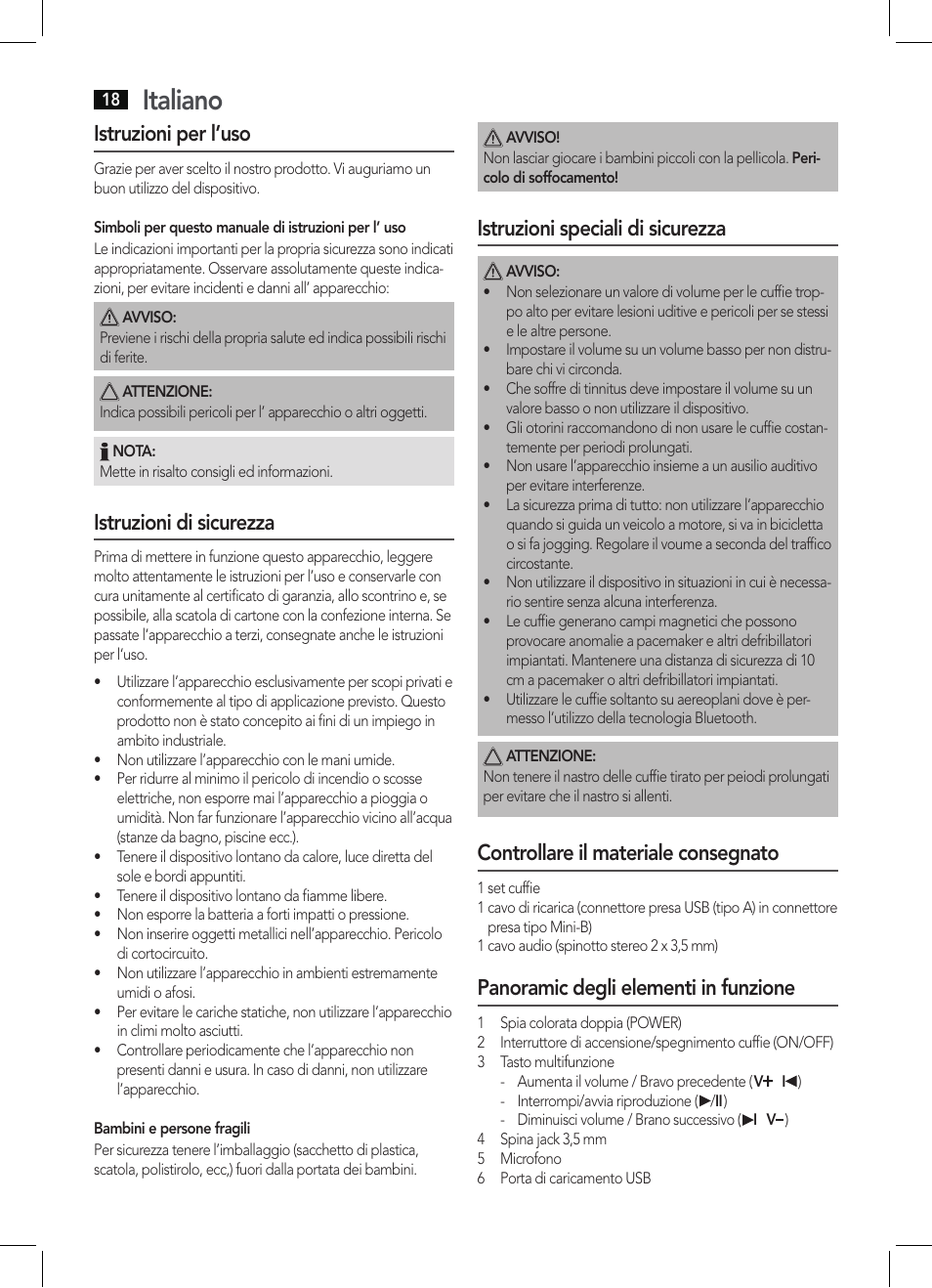 Italiano, Istruzioni per l’uso, Istruzioni di sicurezza | Istruzioni speciali di sicurezza, Controllare il materiale consegnato, Panoramic degli elementi in funzione | AEG KH 4223 BT User Manual | Page 18 / 26