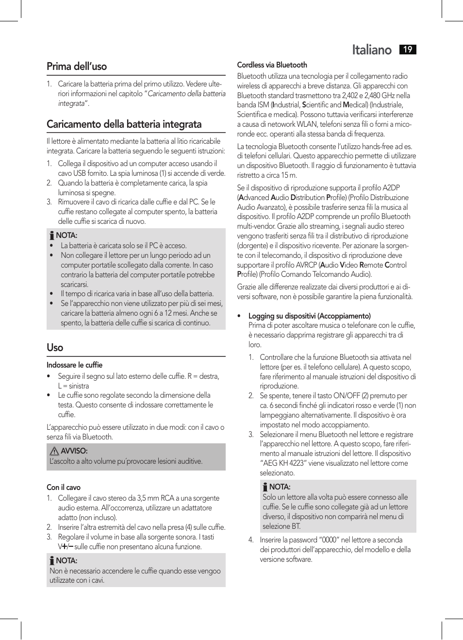 Italiano, Prima dell’uso, Caricamento della batteria integrata | AEG KH 4223 BT User Manual | Page 19 / 26