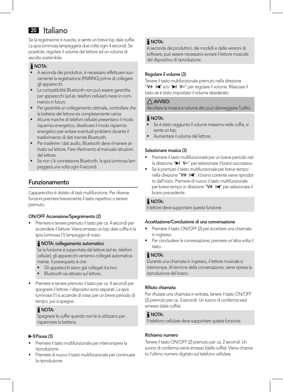 Italiano, Funzionamento | AEG KH 4223 BT User Manual | Page 20 / 26