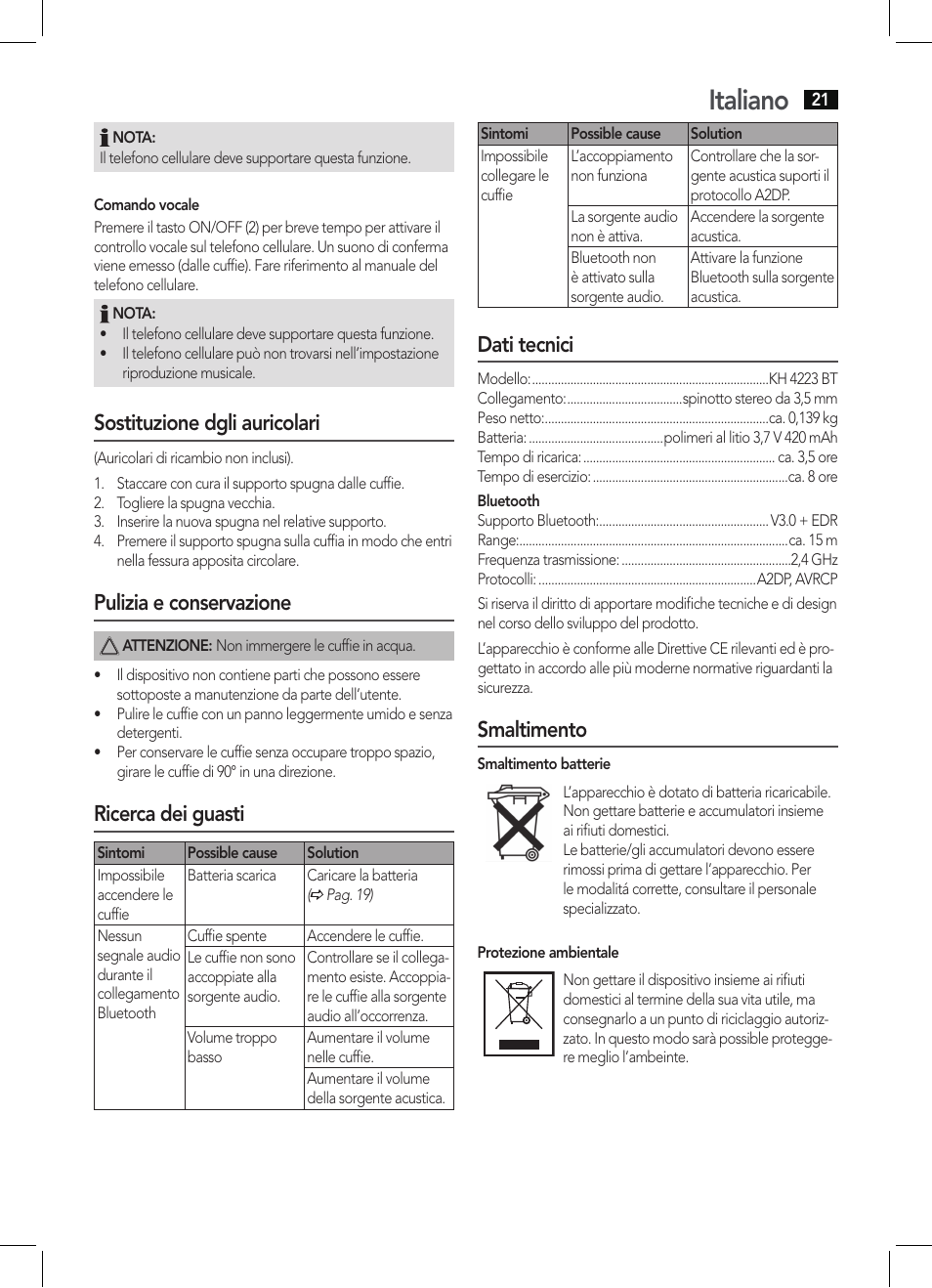Italiano, Sostituzione dgli auricolari, Pulizia e conservazione | Ricerca dei guasti, Dati tecnici, Smaltimento | AEG KH 4223 BT User Manual | Page 21 / 26