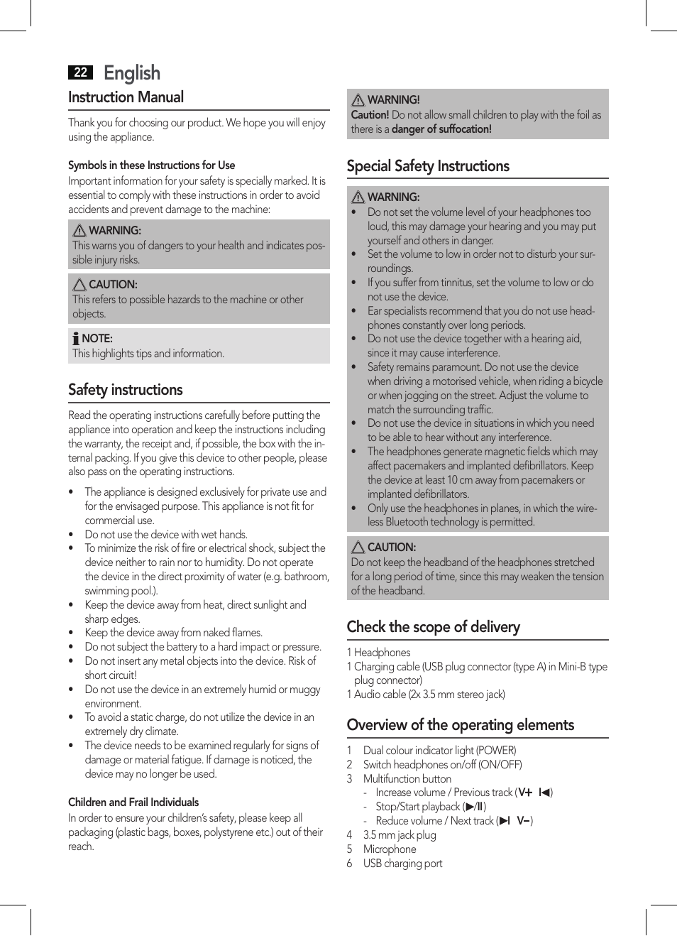 English, Instruction manual, Safety instructions | Special safety instructions, Check the scope of delivery, Overview of the operating elements | AEG KH 4223 BT User Manual | Page 22 / 26