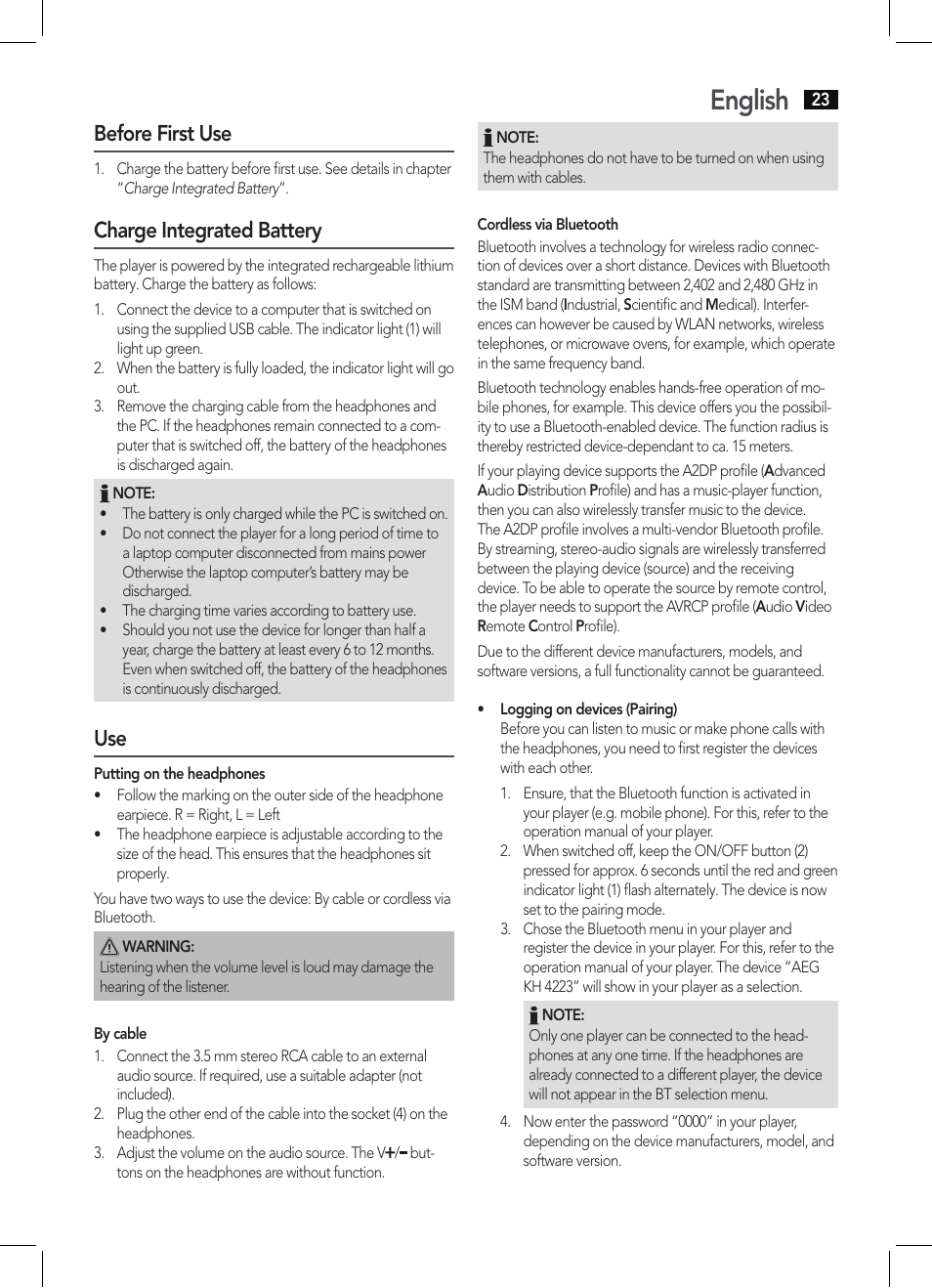 English, Before first use, Charge integrated battery | AEG KH 4223 BT User Manual | Page 23 / 26