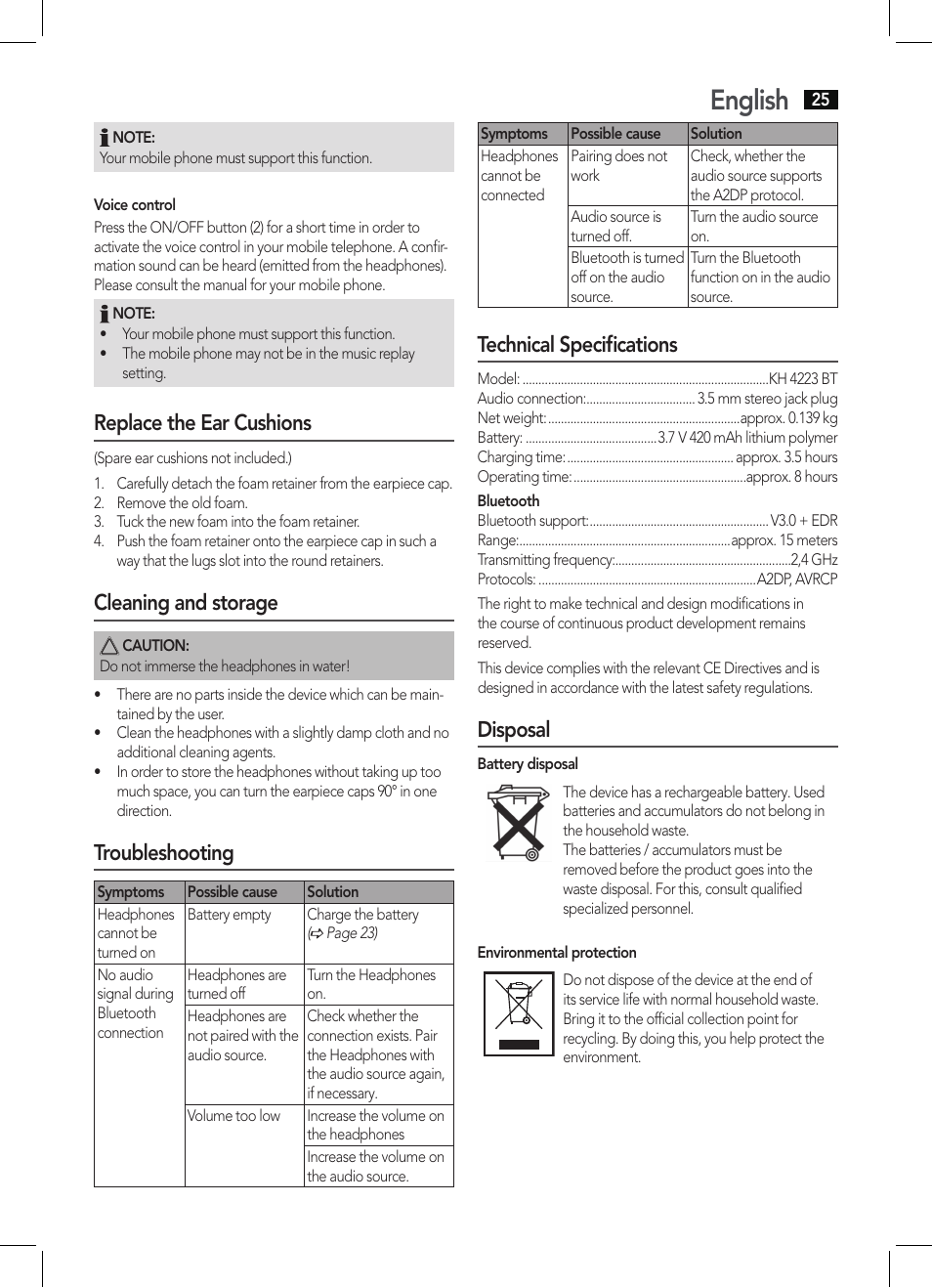 English, Replace the ear cushions, Cleaning and storage | Troubleshooting, Technical specifications, Disposal | AEG KH 4223 BT User Manual | Page 25 / 26