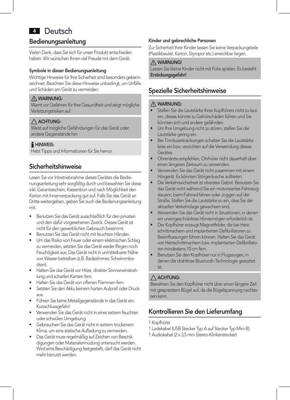 Deutsch, Bedienungsanleitung, Sicherheitshinweise | Spezielle sicherheitshinweise, Kontrollieren sie den lieferumfang | AEG KH 4223 BT User Manual | Page 4 / 26