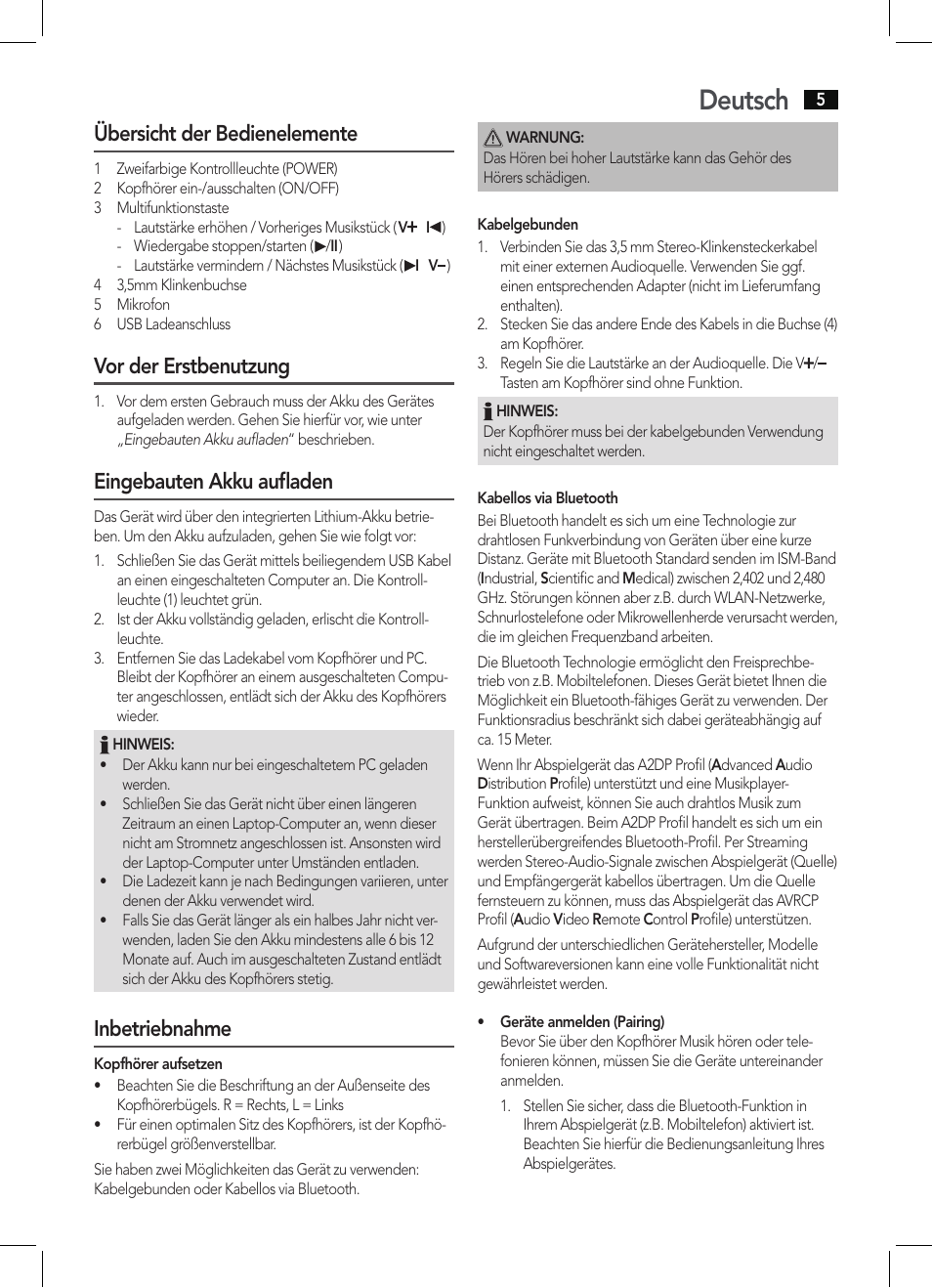 Deutsch, Übersicht der bedienelemente, Vor der erstbenutzung | Eingebauten akku aufladen, Inbetriebnahme | AEG KH 4223 BT User Manual | Page 5 / 26