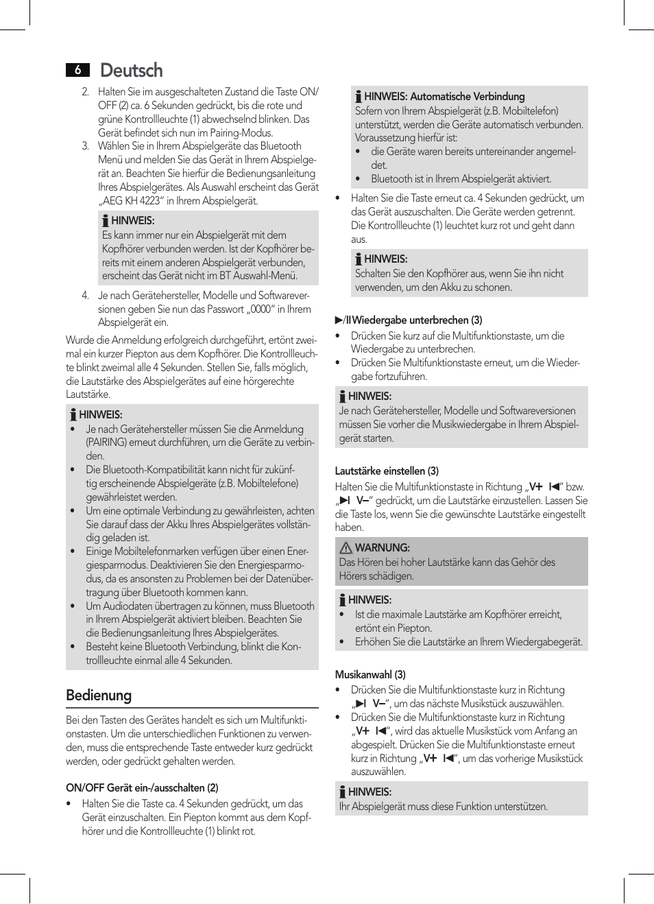 Deutsch, Bedienung | AEG KH 4223 BT User Manual | Page 6 / 26