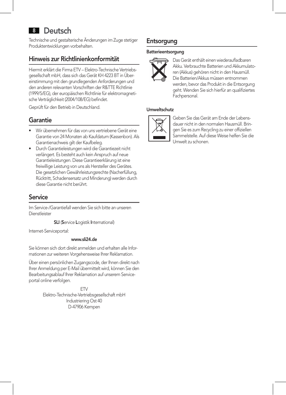 Deutsch, Hinweis zur richtlinienkonformität, Garantie | Service, Entsorgung | AEG KH 4223 BT User Manual | Page 8 / 26