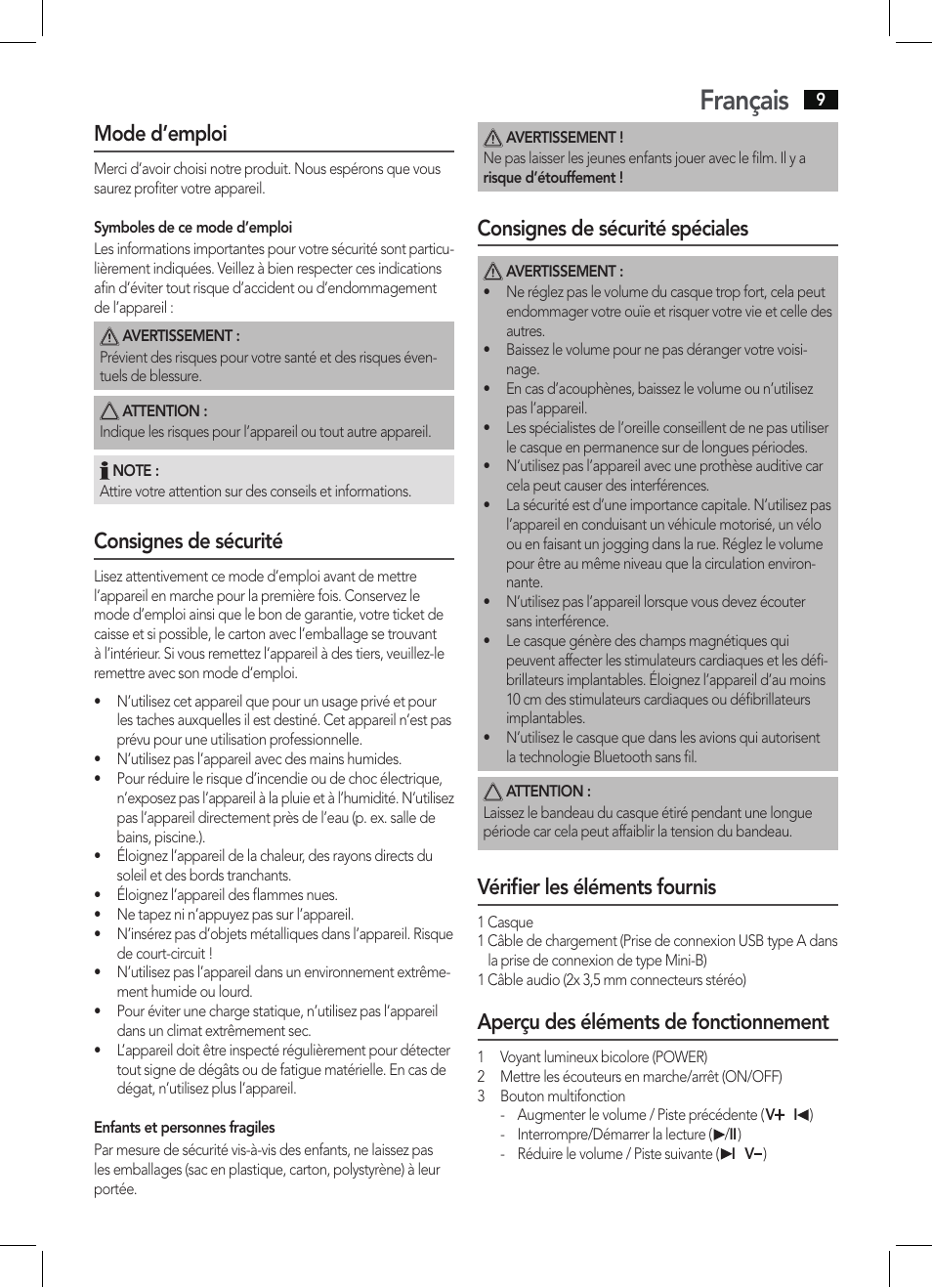 Français, Mode d’emploi, Consignes de sécurité | Consignes de sécurité spéciales, Vérifier les éléments fournis, Aperçu des éléments de fonctionnement | AEG KH 4223 BT User Manual | Page 9 / 26