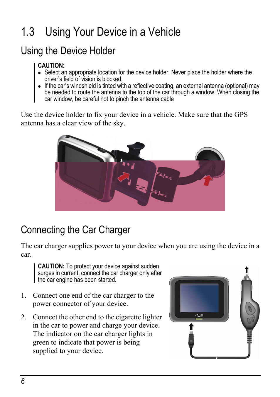 3 using your device in a vehicle, Using the device holder, Connecting the car charger | Using your device in a vehicle | Atech Tech Atech Mio C250 User Manual | Page 12 / 43