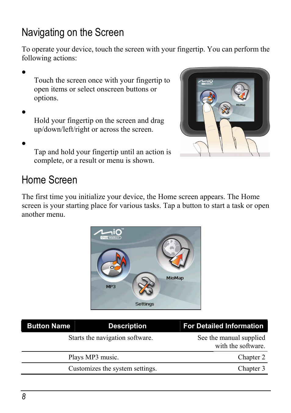 Navigating on the screen, Home screen | Atech Tech Atech Mio C250 User Manual | Page 14 / 43