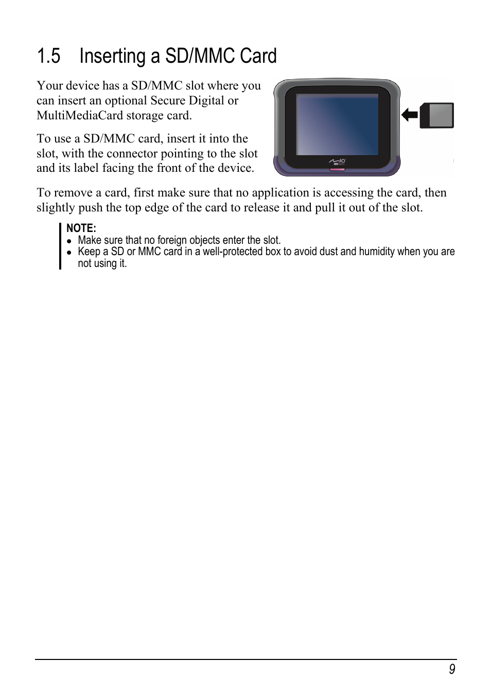 5 inserting a sd/mmc card, Inserting a sd/mmc card | Atech Tech Atech Mio C250 User Manual | Page 15 / 43