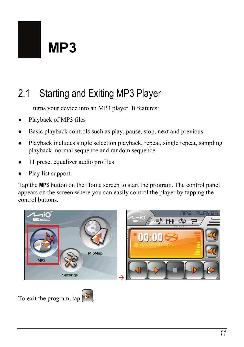 2 mp3, 1 starting and exiting mp3 player, Starting and exiting mp3 player | Atech Tech Atech Mio C250 User Manual | Page 17 / 43