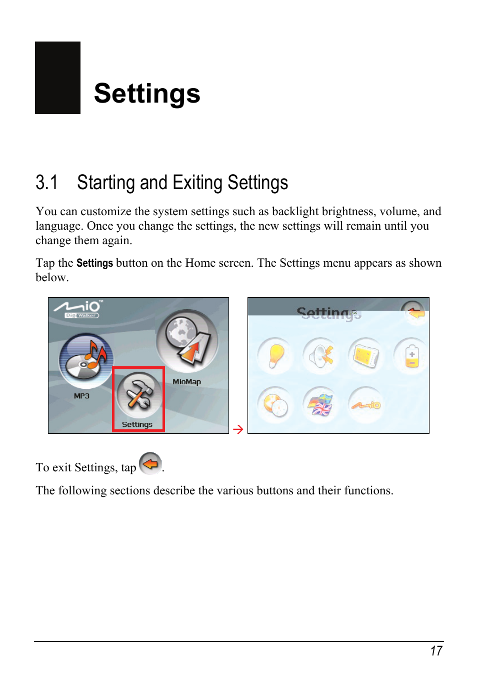 3 settings, 1 starting and exiting settings, Settings | Starting and exiting settings | Atech Tech Atech Mio C250 User Manual | Page 23 / 43