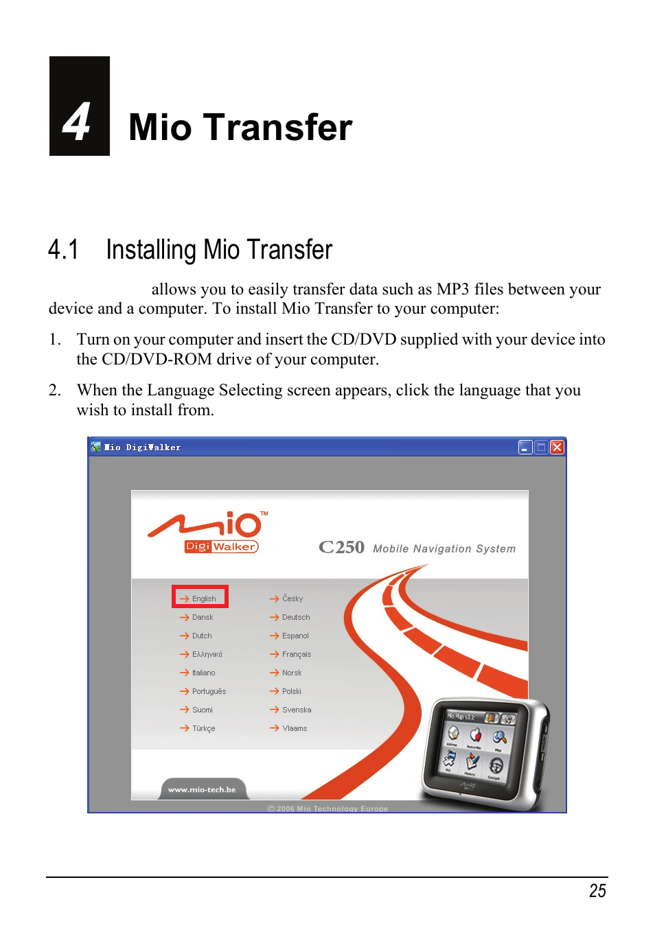 4 mio transfer, 1 installing mio transfer, Mio transfer | Atech Tech Atech Mio C250 User Manual | Page 31 / 43