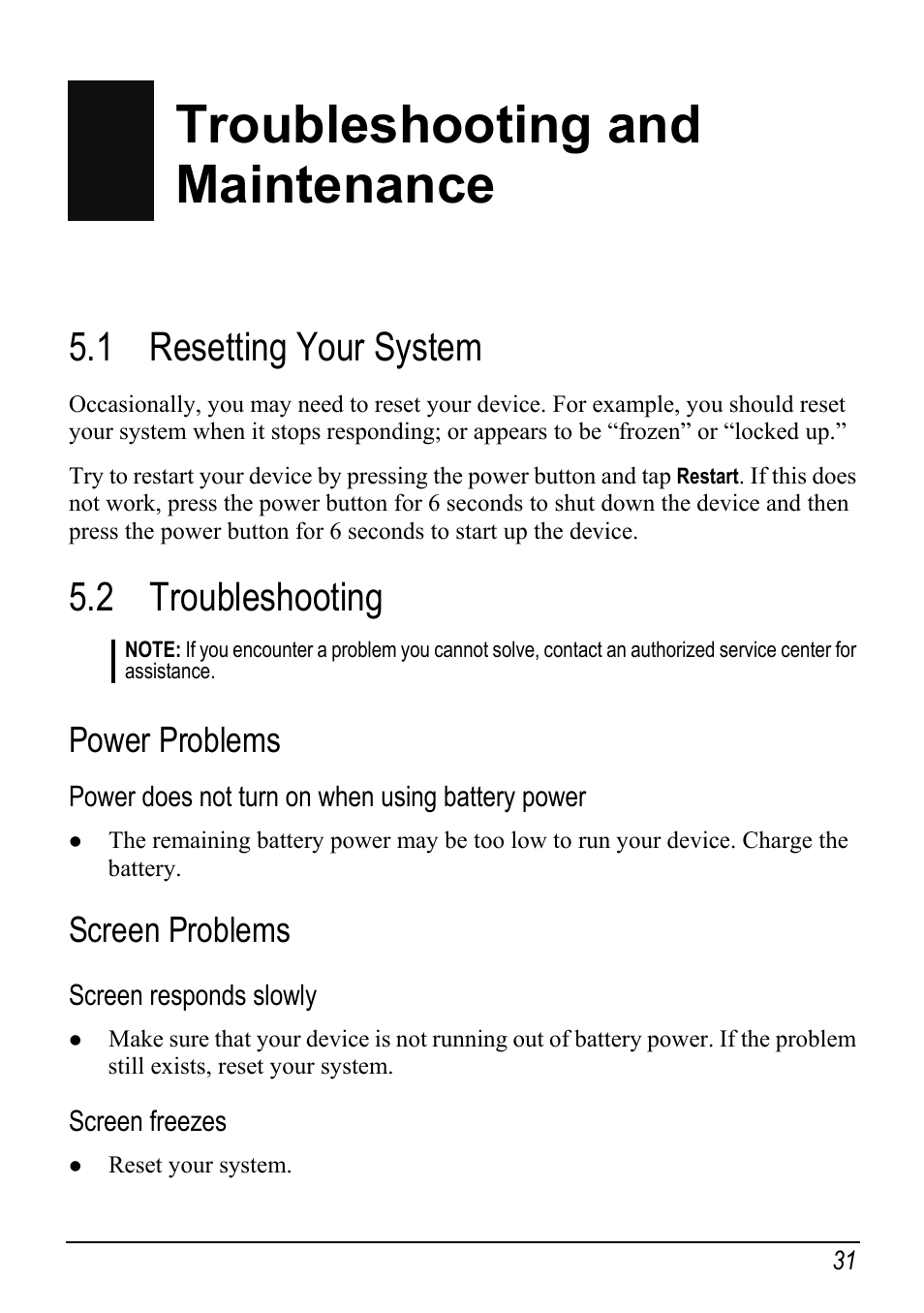 5 troubleshooting and maintenance, 1 resetting your system, 2 troubleshooting | Power problems, Screen problems, Troubleshooting and maintenance, Troubleshooting | Atech Tech Atech Mio C250 User Manual | Page 37 / 43