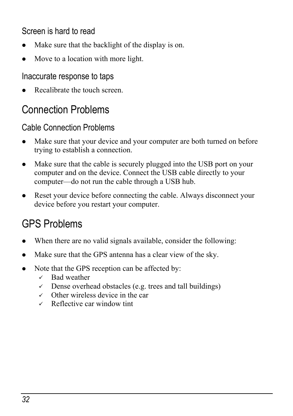 Connection problems, Gps problems, Screen is hard to read | Inaccurate response to taps, Cable connection problems | Atech Tech Atech Mio C250 User Manual | Page 38 / 43
