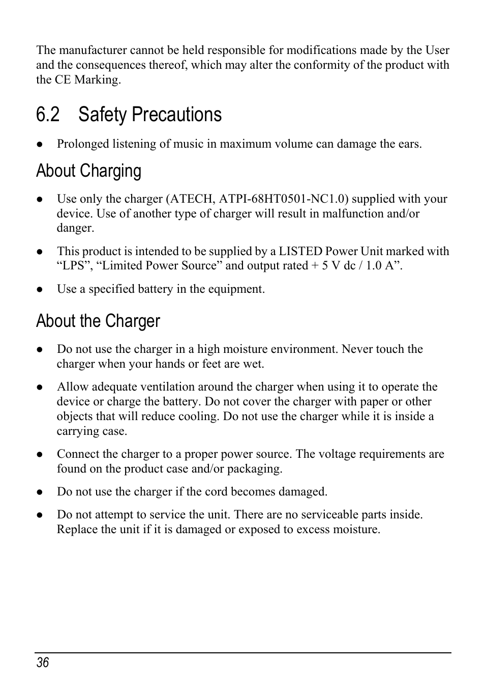 2 safety precautions, About charging, About the charger | Atech Tech Atech Mio C250 User Manual | Page 42 / 43