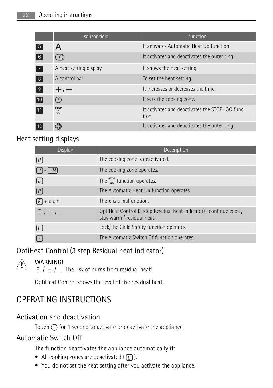 Operating instructions, Heat setting displays, Optiheat control (3 step residual heat indicator) | Activation and deactivation, Automatic switch off | AEG HK624000XB User Manual | Page 22 / 64