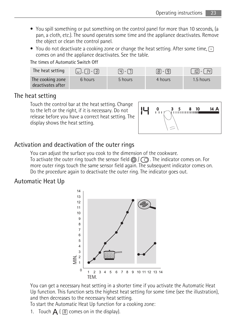 The heat setting, Activation and deactivation of the outer rings, Automatic heat up | AEG HK624000XB User Manual | Page 23 / 64