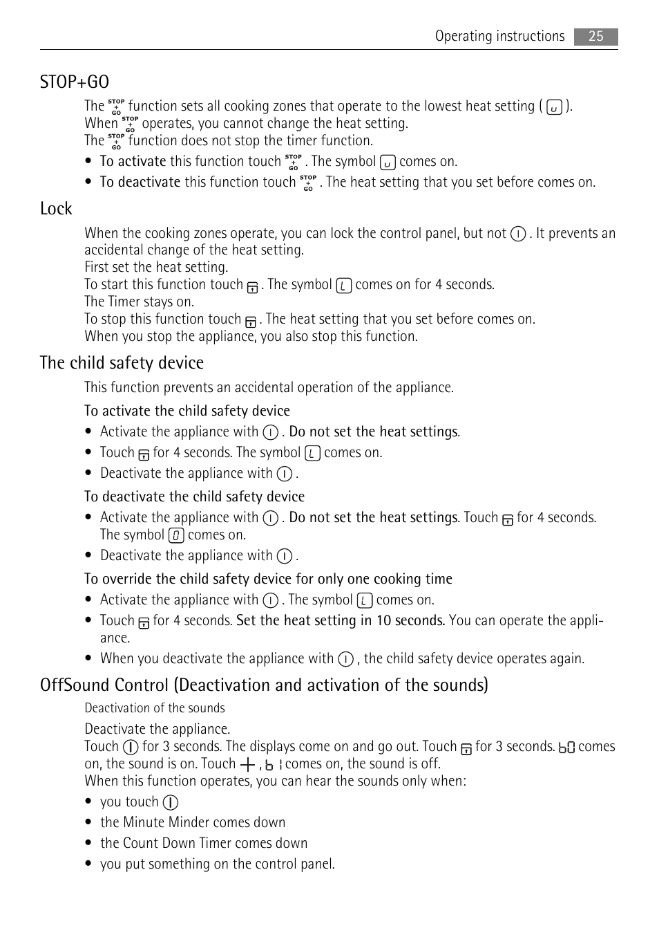 Stop+go, Lock, The child safety device | AEG HK624000XB User Manual | Page 25 / 64