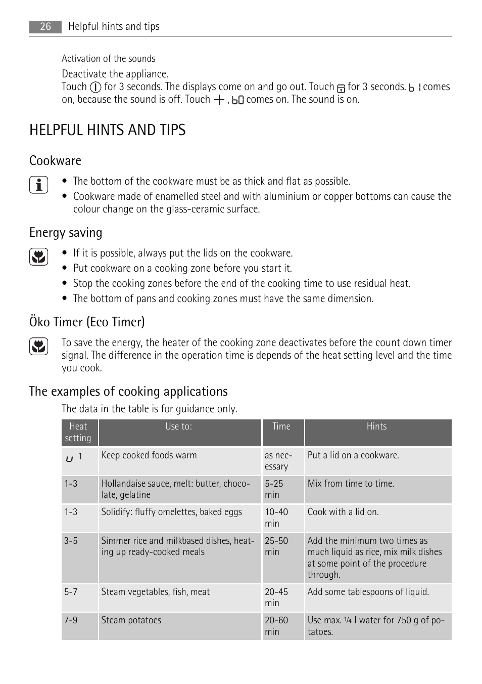 Helpful hints and tips, Cookware, Energy saving | Öko timer (eco timer), The examples of cooking applications | AEG HK624000XB User Manual | Page 26 / 64