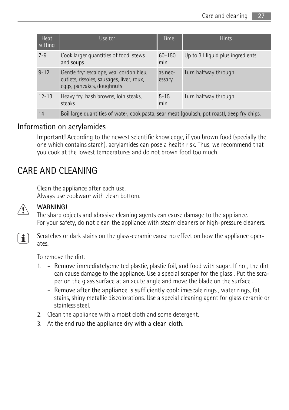 Care and cleaning, Information on acrylamides | AEG HK624000XB User Manual | Page 27 / 64