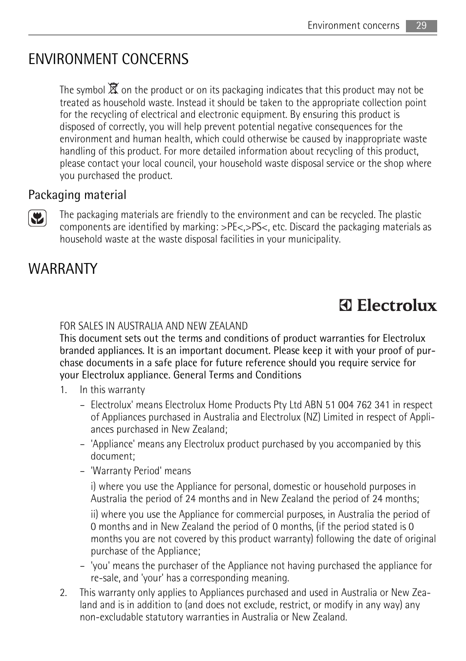 Environment concerns, Warranty, Packaging material | AEG HK624000XB User Manual | Page 29 / 64