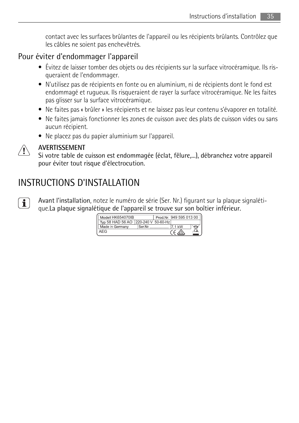 Instructions d'installation, Pour éviter d'endommager l'appareil | AEG HK624000XB User Manual | Page 35 / 64