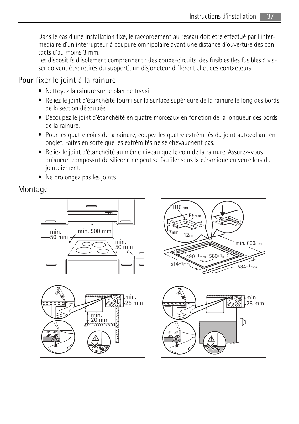 Pour fixer le joint à la rainure, Montage | AEG HK624000XB User Manual | Page 37 / 64