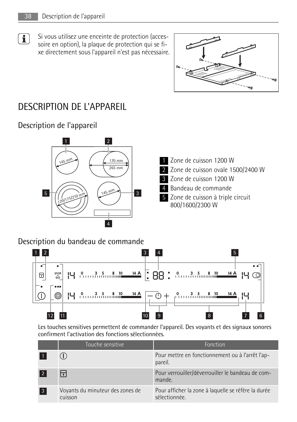 Description de l'appareil, Description du bandeau de commande | AEG HK624000XB User Manual | Page 38 / 64