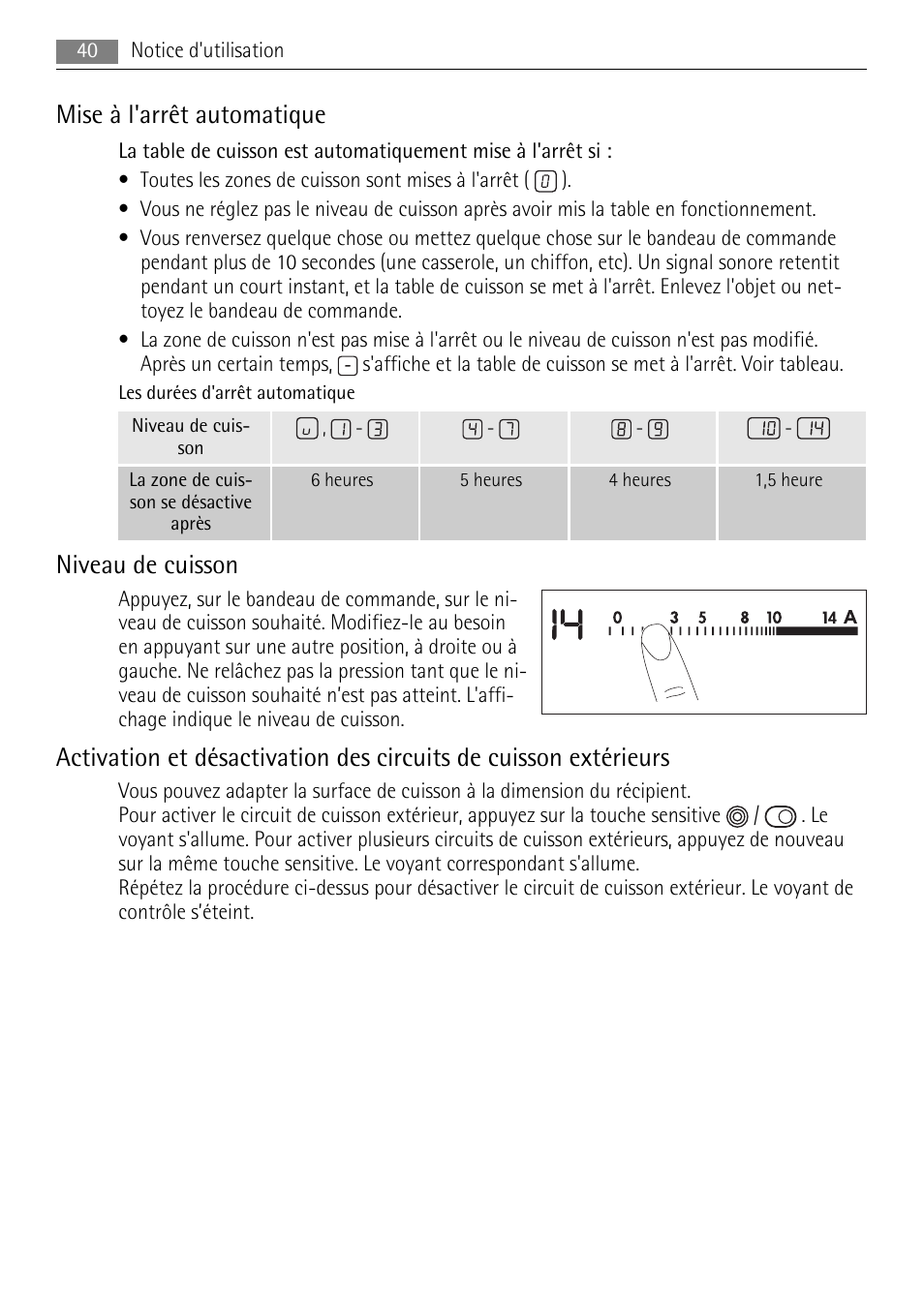 Mise à l'arrêt automatique, Niveau de cuisson | AEG HK624000XB User Manual | Page 40 / 64