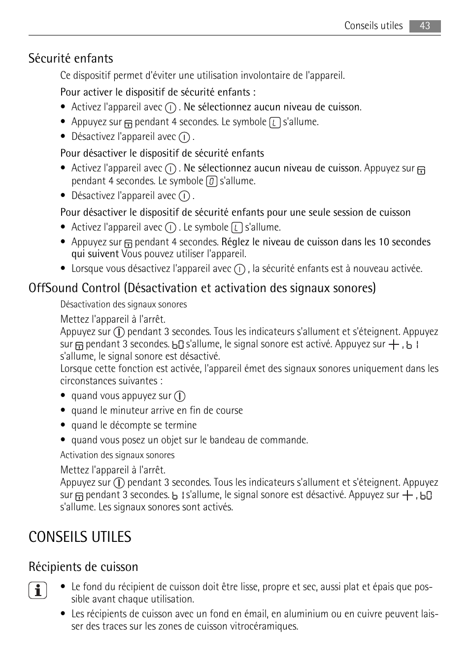 Conseils utiles, Sécurité enfants, Récipients de cuisson | AEG HK624000XB User Manual | Page 43 / 64