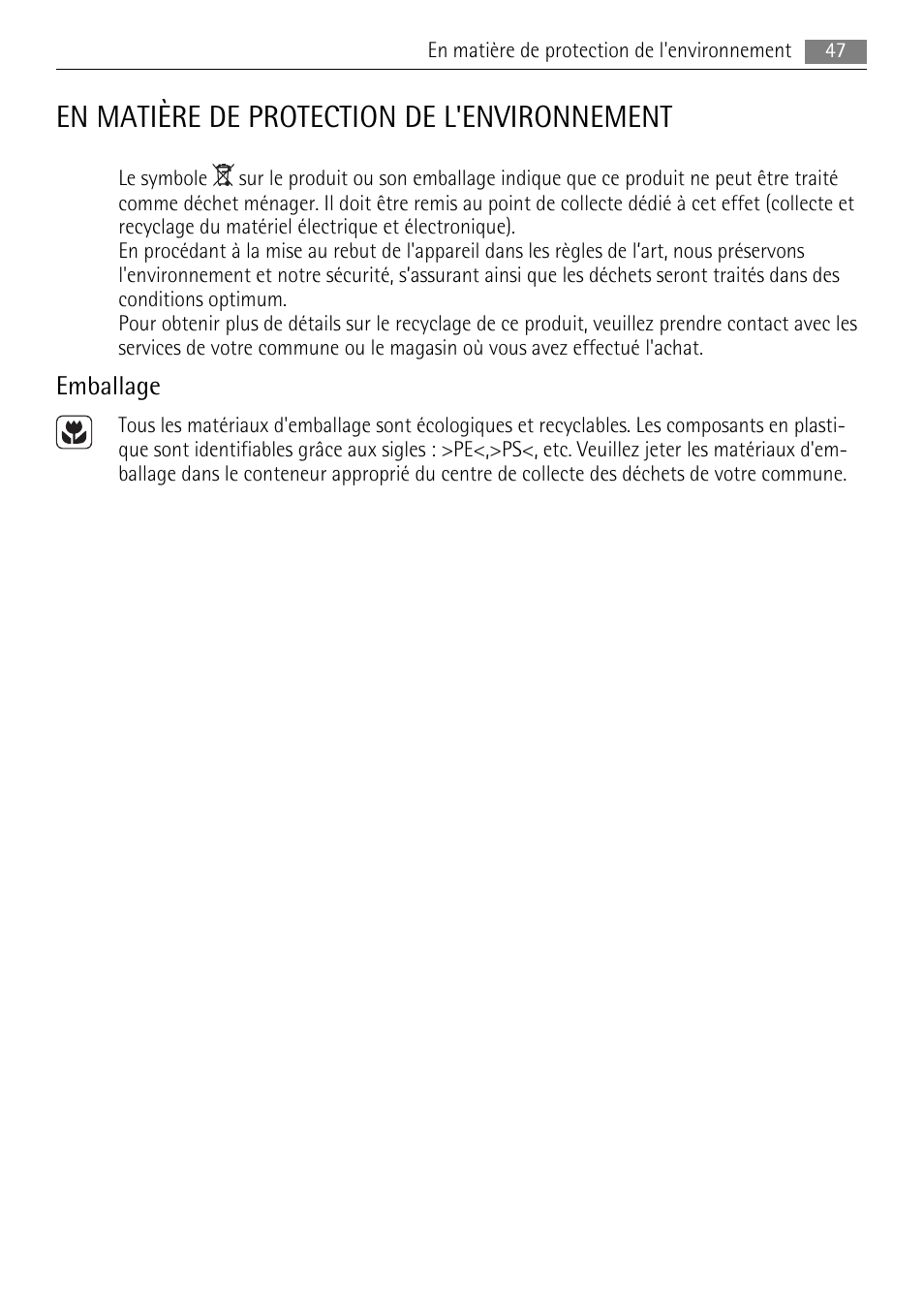 En matière de protection de l'environnement, Emballage | AEG HK624000XB User Manual | Page 47 / 64