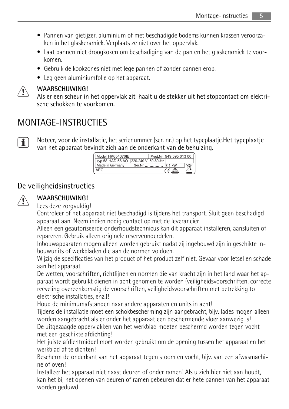 Montage-instructies, De veiligheidsinstructies | AEG HK624000XB User Manual | Page 5 / 64