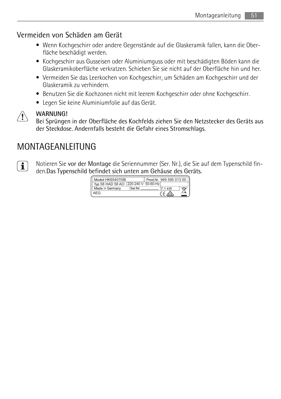 Montageanleitung, Vermeiden von schäden am gerät | AEG HK624000XB User Manual | Page 51 / 64