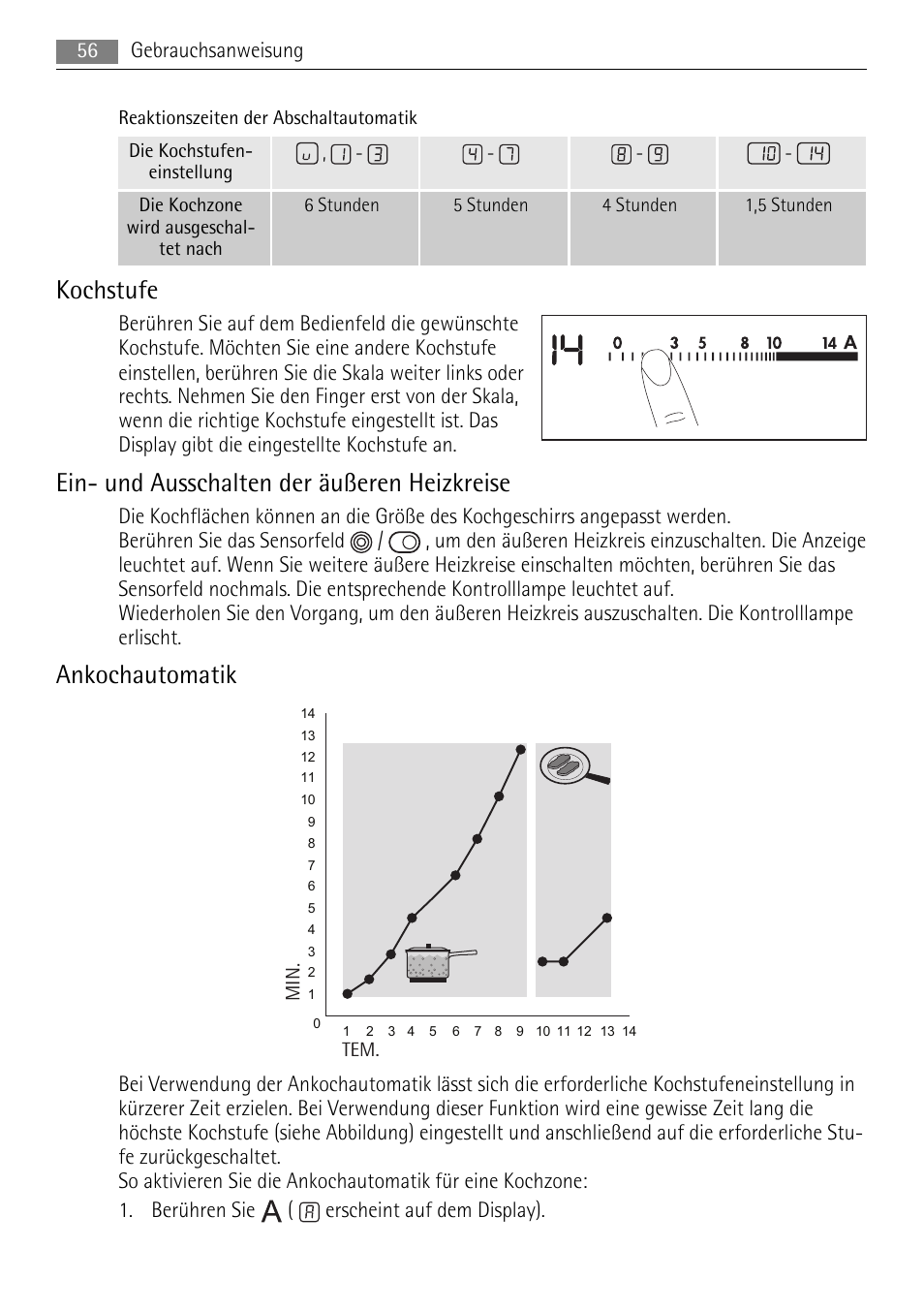 Kochstufe, Ein- und ausschalten der äußeren heizkreise, Ankochautomatik | AEG HK624000XB User Manual | Page 56 / 64