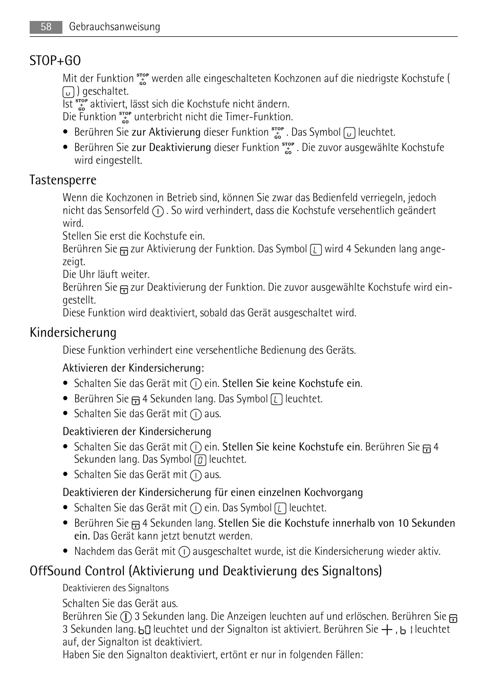 Stop+go, Tastensperre, Kindersicherung | AEG HK624000XB User Manual | Page 58 / 64
