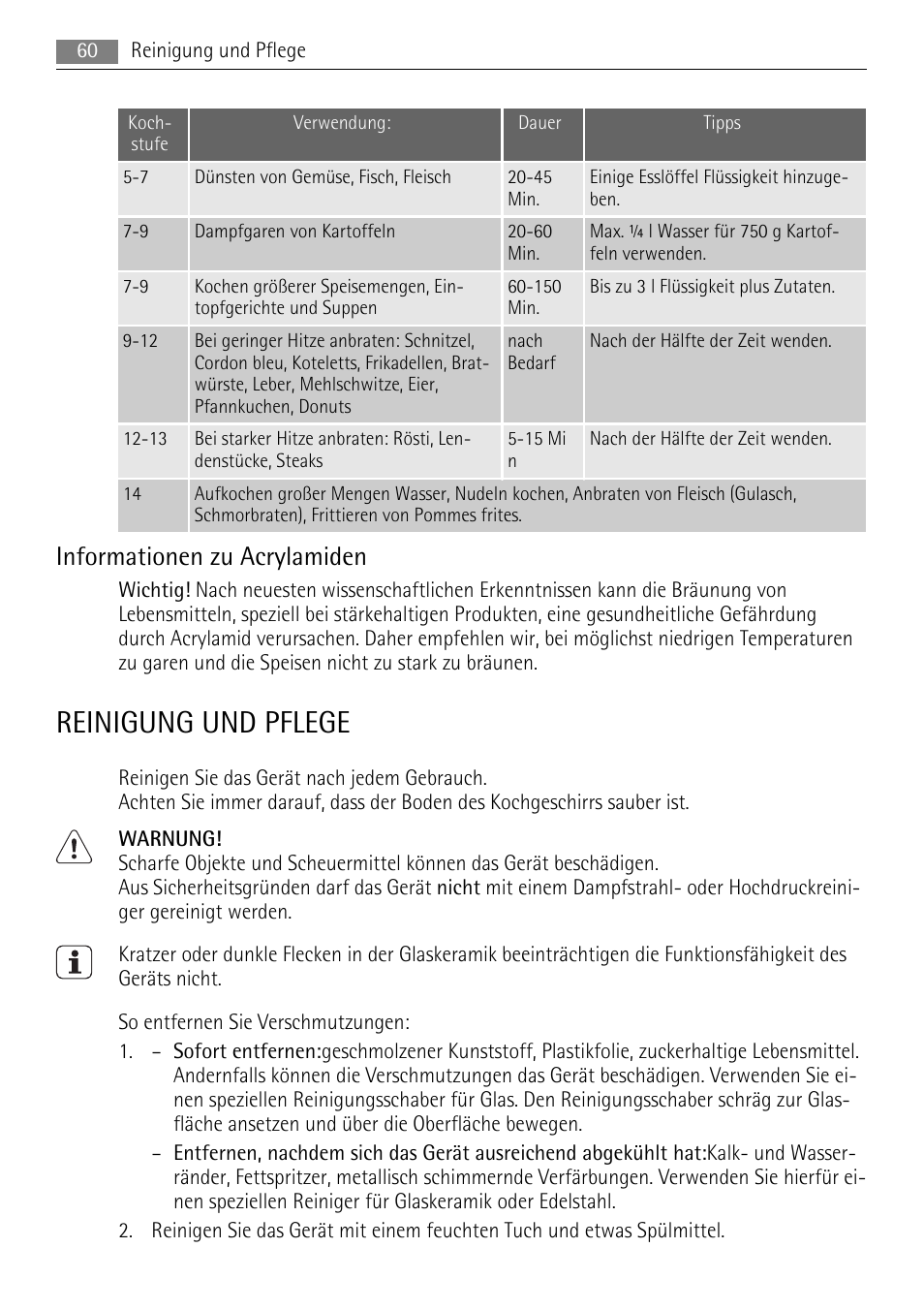 Reinigung und pflege, Informationen zu acrylamiden | AEG HK624000XB User Manual | Page 60 / 64